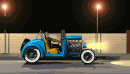 Animated roadster driving on the road under street lights 
