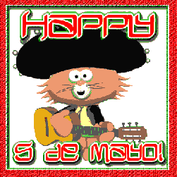 Little animated Mexican kitty cat in a sombrero playing a guitar for Cinco de Mayo fiesta
