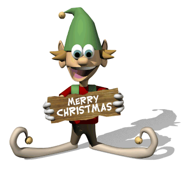 Animated elf holding Merry Christmas sign