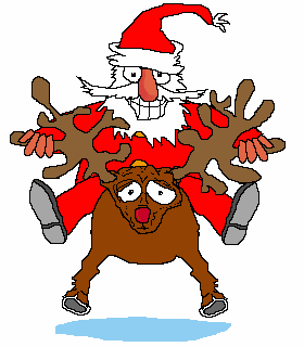 Crazy animated Santa Clause riding reindeer