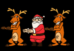 Animated Santa Clause dancing with reindeer after a long flight and a hard nights work