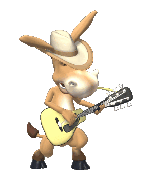 Animated donkey wearing a hat and playing guitar