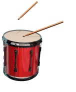 Moving animated drumsticks striking a drum