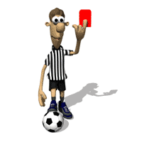Cartoon animation of soccer referee standing on the soccer ball holding up a penalty marker