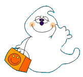 Little animated ghost with a trick or treat bag waving to you
