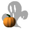 Little animated ghost trying it's best to scare the stuffing out of a pumpkin so it's not so messy to carve into a Jack O' Lantern