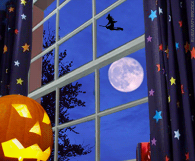 A Jack o Lantern's view out the window Halloween night watching witches fly past the full harvest moon