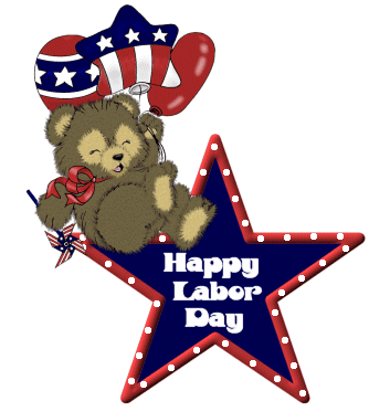 Cuddly bear with balloons on a flashing animated Happy Labor Day star