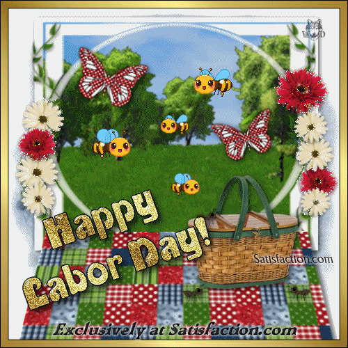 Happy Labor Day, animated summer picnic scene in the park with bees and butterflies