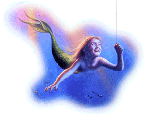 Animated Mermaid underwater playing with a fisherman's head making him think he caught the big one