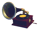 Animated crank style gramophone with a throbbing horn to represent music