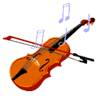 Violin or fiddle emanating music notes into the air as the bow is drawn back and forth