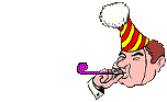 Animated man wearing a party hat blowing noise maker horn
