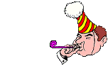 Animated man blowing noise maker party horn