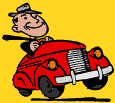 Animated salesman in red car drives up winks, then leaves