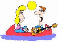 Animation of romantic couple in canoe with man serenading woman