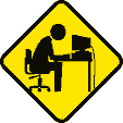 Animated caution man bashing head on computer keyboard sign