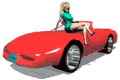 Animated girl in green skirt sitting on red sports car