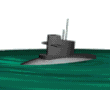 Animated submarine bobbing on the surface of the water