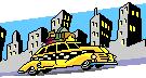 Animated clip art of yellow checker taxi cab driving through city