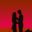 Animated lovers kissing at sunset