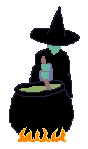 Animated clip art of witch stirring her concoction in her cauldron