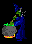 Animated gif of a Witch with her cauldron stirring a green noxious potion for Halloween trick or treaters
