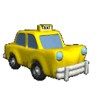 Animated cartoon yellow taxi cab bouncing and moving down the road