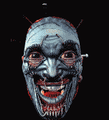 Scary character looking around with ripped skin and spikes in his head looks right at you and smiles