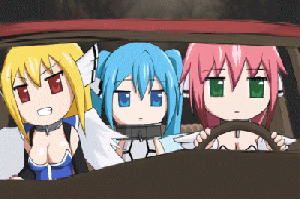 Cartoon animation with three anime girls bobbing their heads in the car