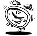 Animated black and white clip-art alarm clock bouncing and moving around