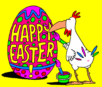 Animated chicken painting huge Happy Easter egg
