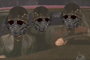 Animation of three guys wearing gas masks in a car listening to music and bobbing their heads