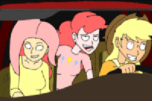 Motion gif animation of three cartoon girls bobbing their heads in a car to the music