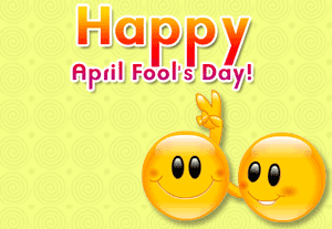 Happy April Fool's Day greeting Emoticon making rabbit ears behind another emoticon animated gif image