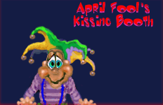 Cartoon animated clip art of an April fool waiting for a kiss in a kissing booth