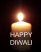Single burning candle with the message "Happy Diwali"