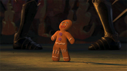 Poor little ginger bread man seams a little intimidated and can't keep his ginger in his bread, Funny animated gif.