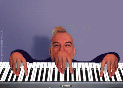 "Tickling the Ivories" to "Autobahn" Animated piano player with dancing digits dangling from his nose