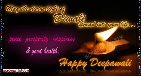 Animated banner with a single candle burning says "May the divine light of Diwali spread into your life Peace, Prosperity, happiness & good health, Happy Deepawali"