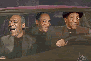 Moving gif animation of three bobbing Bill Cosby heads in a car listening to "What is love"