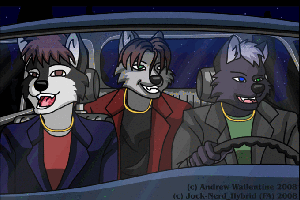 Three animated wolves bobbing their heads in a car listening to the radio