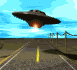 Animated gif image of a UFO flying erratically over the road in the desert