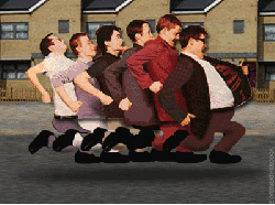 Six animated madmen running down the street