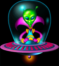 Clip art moving gif animation of a very colorful alien hovering in UFO