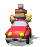 Moving cartoon picture of an over loaded red car with a stack of luggage bouncing on top