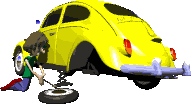 Animated clip art image of a guy changing a tire on his yellow Volkswagen Beatle