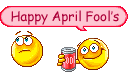 Happy April Fool's greeting, Emoticon shakes up a can of soda and gives it to a friend