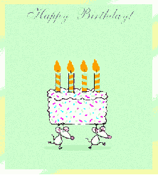 Two mice carrying a birthday cake with lit candles