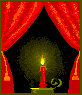 Animated candle burning in window with red curtains